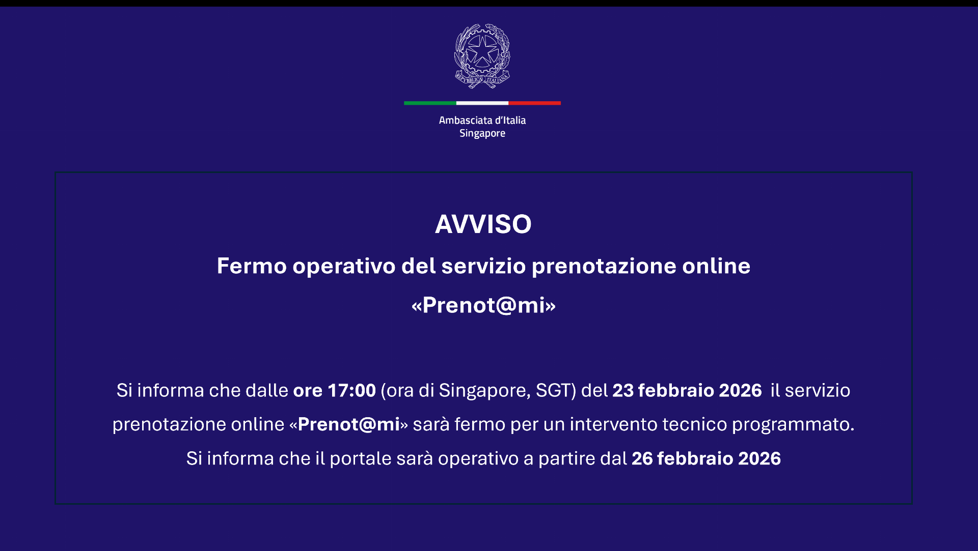 Avviso – Fermo portale Prenotami dal 23 al 25 febbraio 2026