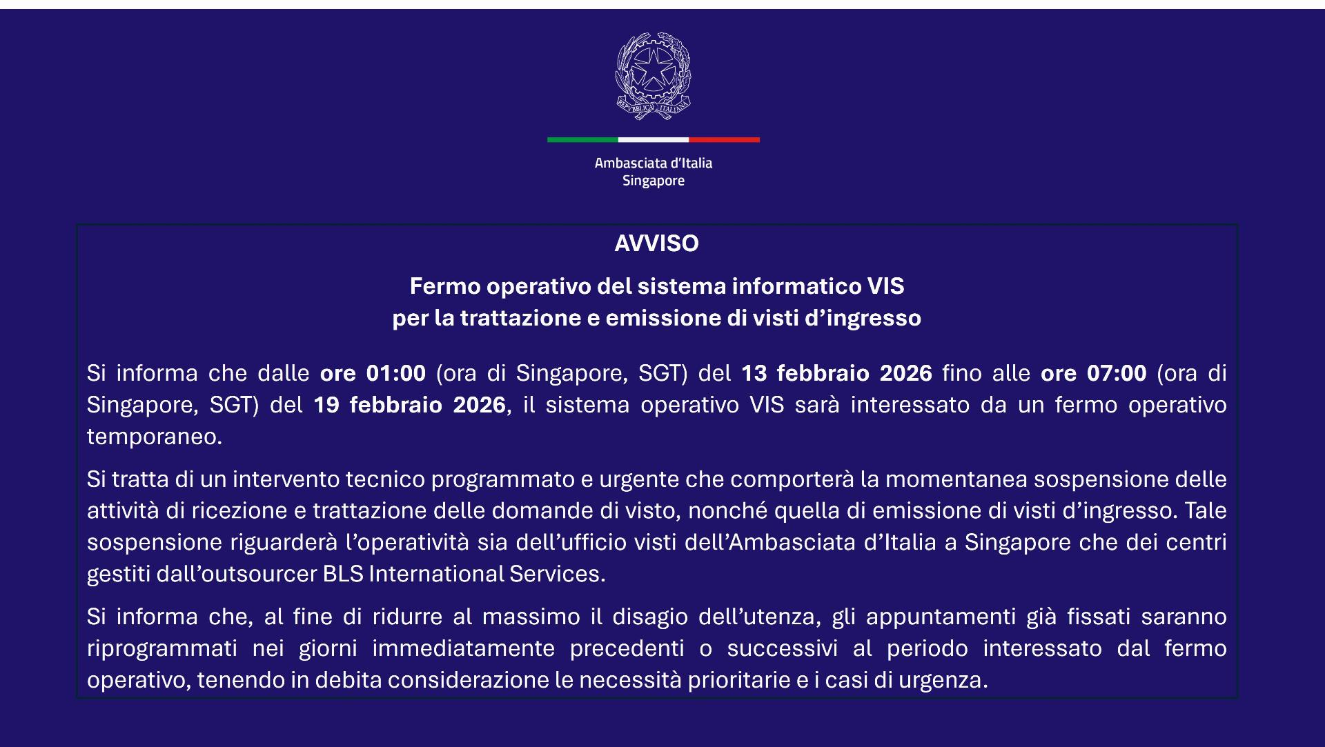 Avviso sulla sospensione del Sistema VIS per lavori di manutenzione 13 – 18 febbraio 2026 – 2