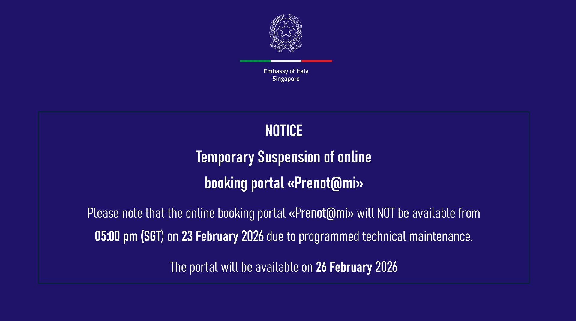 Notice on temporary suspension of Prenotami booking portal from 23 to 25 February 2026