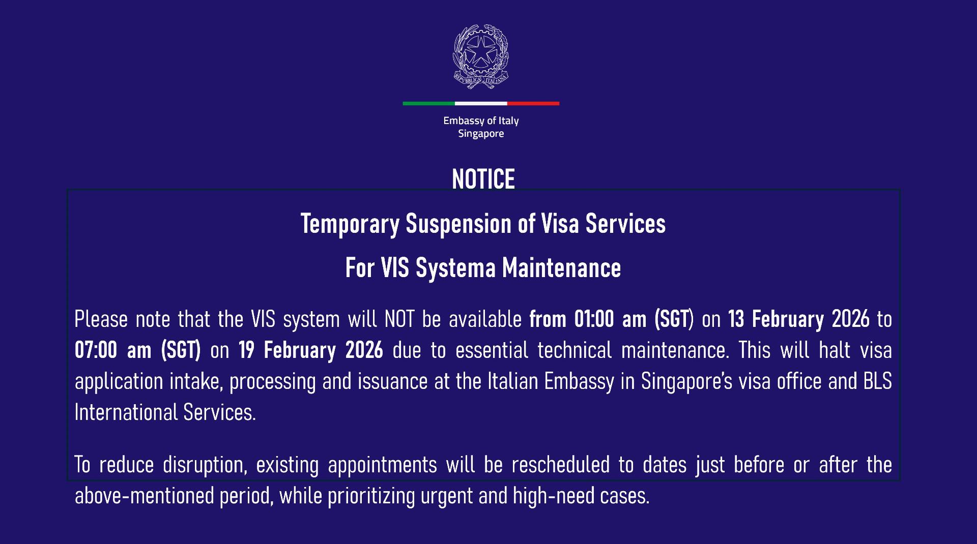 Notice on temporary suspension of VIS system 13 – 18 February 2026