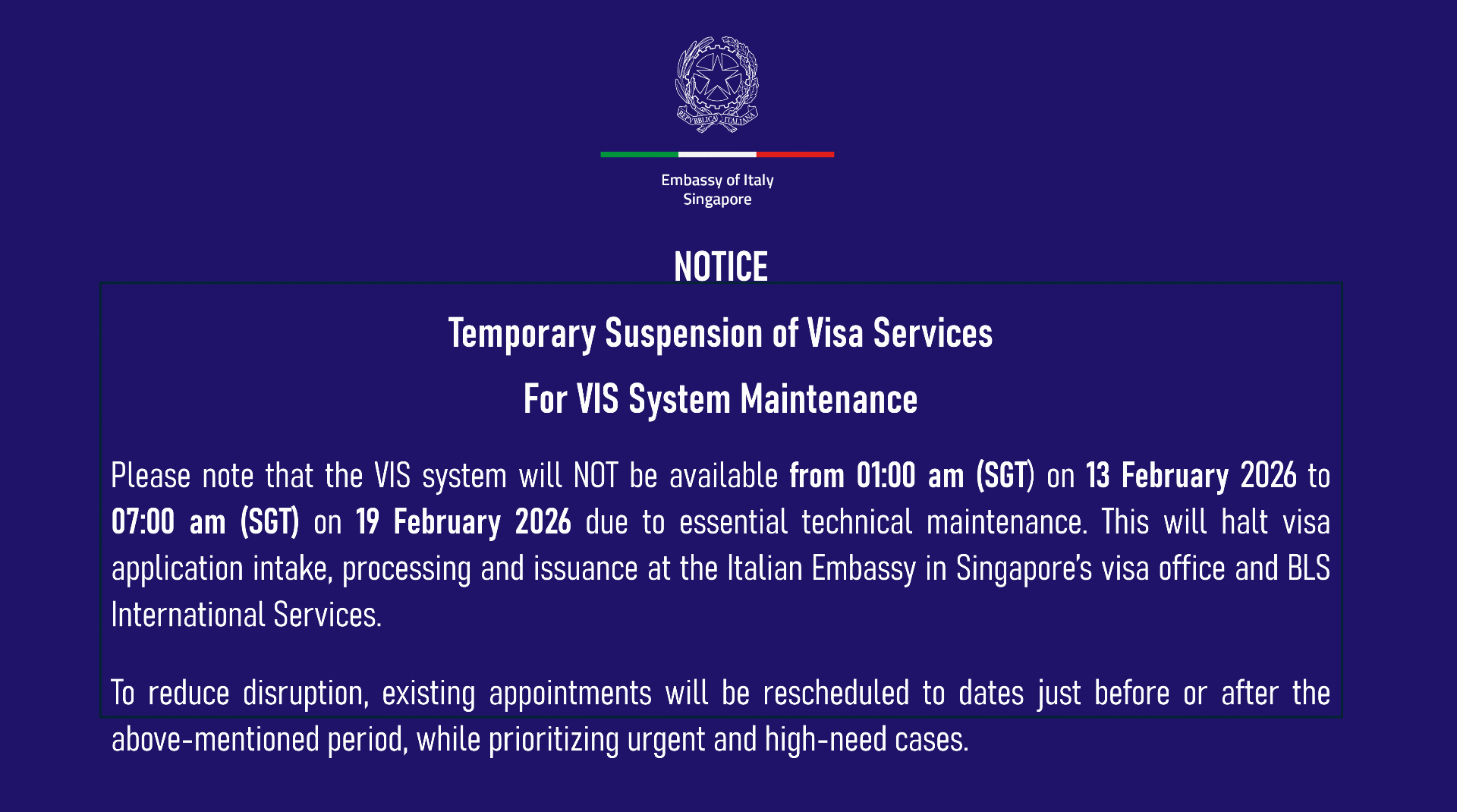 Notice on temporary suspension of VIS system 13 – 18 February 2026